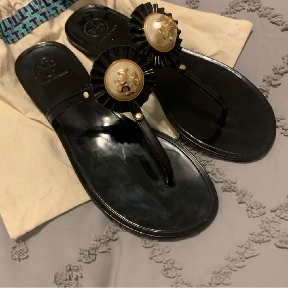Tory Burch Black and Gold Thong Sandals